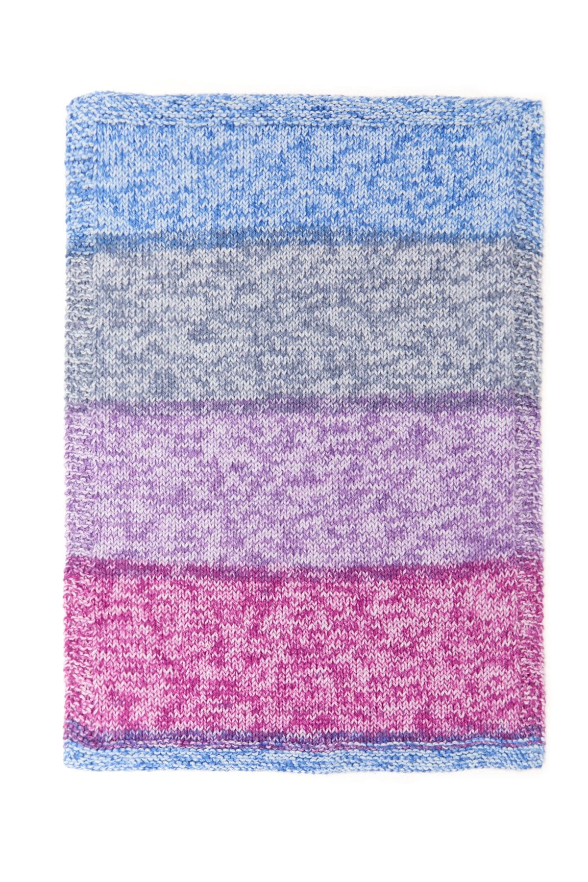 Colorful striped fabric with blue, gray, and pink sections on a white background