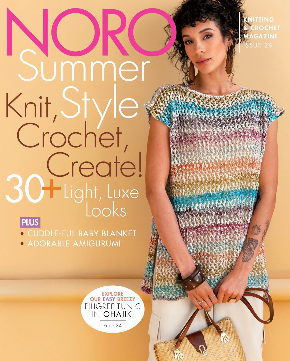 Magazine cover featuring a woman wearing a colorful knitted top with text about Noro knitting and crochet patterns.