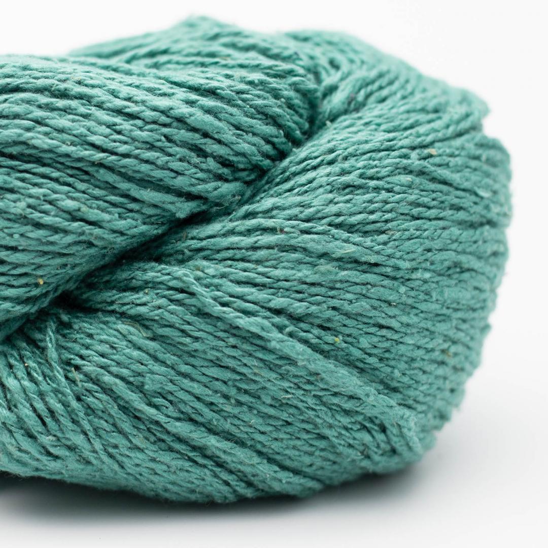 Teal skein of yarn on a white background