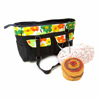 Tote Vivace para tejer - Negro con flores - 17" x 6" x 11"