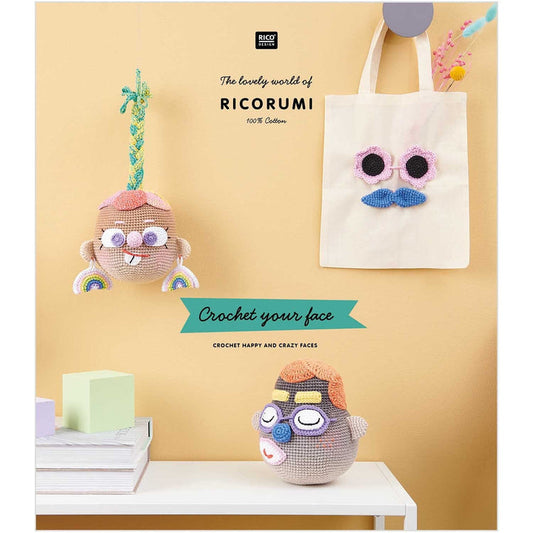 Promotional image of Ricorumi crochet products with a yellow background