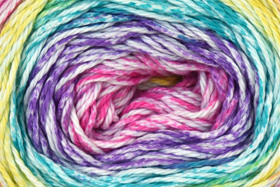 Multicolored yarn skein with purple, pink, blue, and yellow hues.